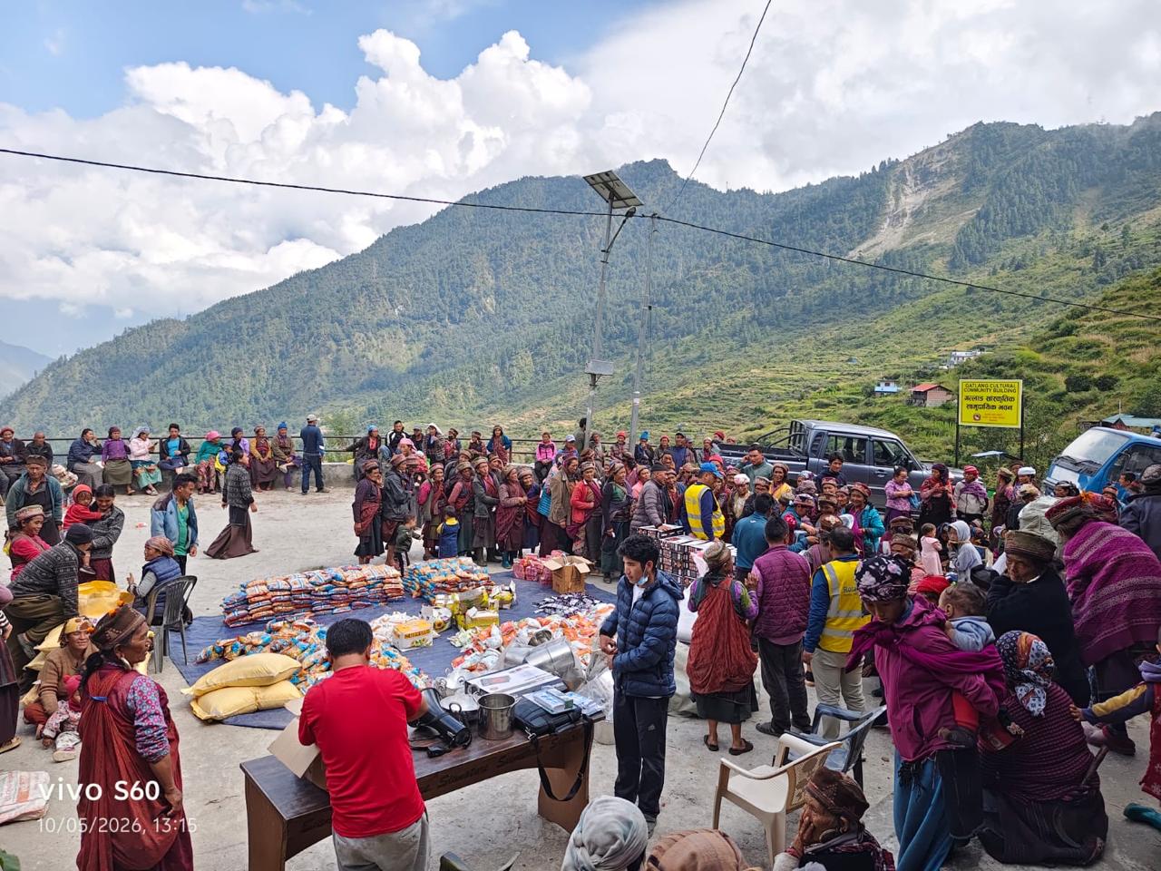 Distribution of Daily Food and Non Food Items  for Flood affected people at Gatlang in Aamachhodingmo Rural Municipality–3 and Holding center at Komin in Gosaikunda Rural Municipality–5 of Rasuwa District.